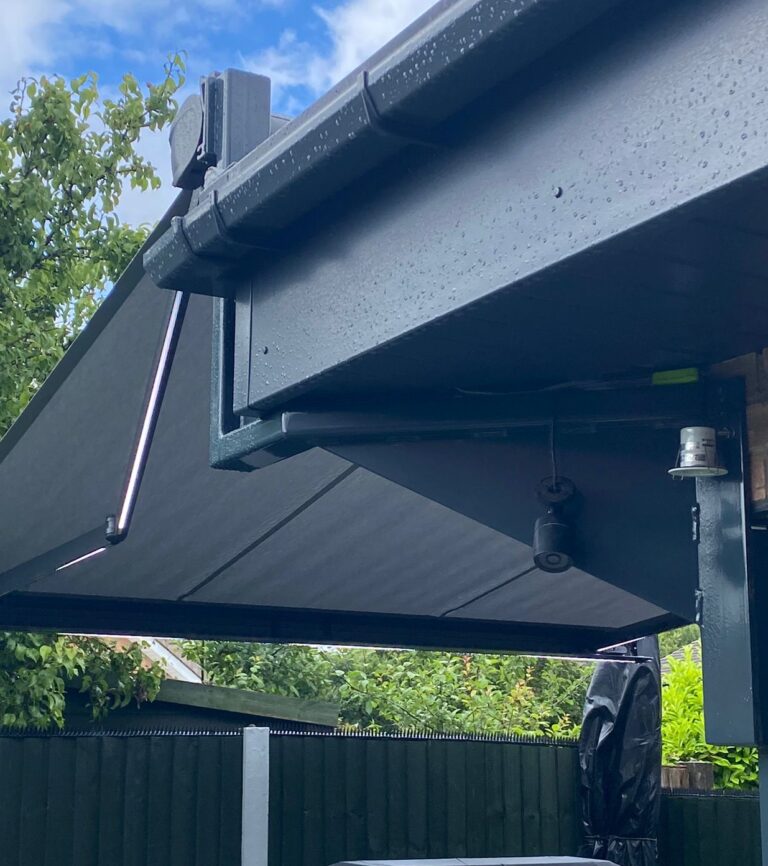 grey awning with lights